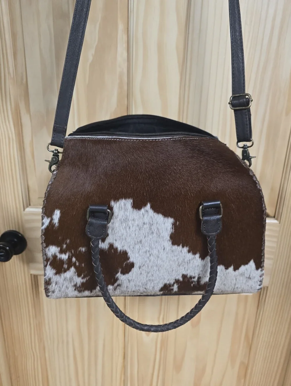 Brown and White Cowhide Dome Satchel - Women's Shoulder Bag